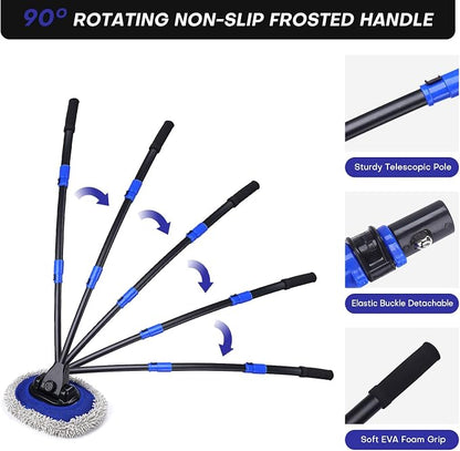 Ultimate Car Wash Brush with Long Handle | 15-Degree Curved Pole Design | Microfiber Brush Head | Adjustable Length | Wide Applications for Car, RV, Truck, Pickup | Car Wash Kit (Blue)