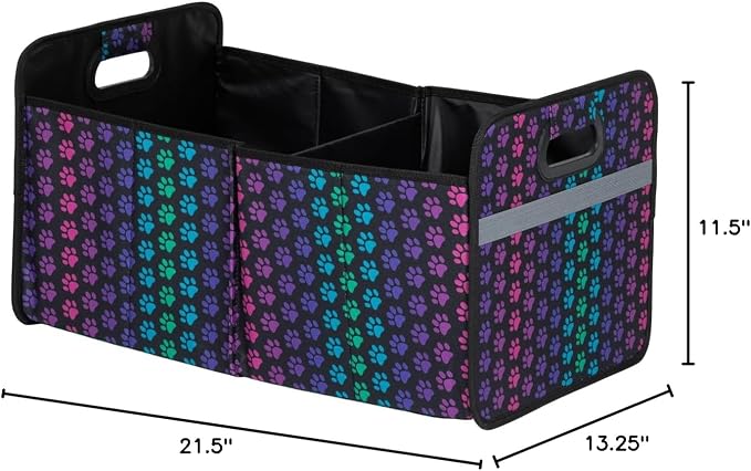 GreaterGood Paws Car Trunk Organizer Foldable Storage Bin with Handles Non Slip Base Pet Gear Travel Tote for SUV Truck (Rainbow Paws)