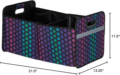 GreaterGood Paws Car Trunk Organizer Foldable Storage Bin with Handles Non Slip Base Pet Gear Travel Tote for SUV Truck (Rainbow Paws)