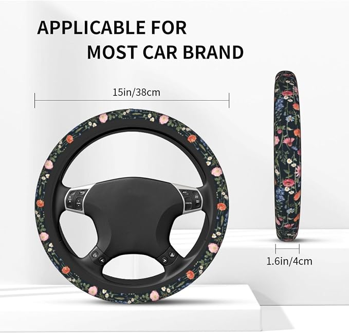 Wildflower Car Steering Wheel Cover + 2 Pieces Car Coasters 15 Inch | Multicolor Wildflower Steering Wheel Cover Anti-Slip Breathable Universal for Suitable for Men Women