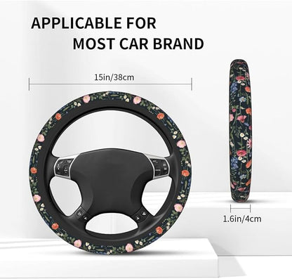 Wildflower Car Steering Wheel Cover + 2 Pieces Car Coasters 15 Inch | Multicolor Wildflower Steering Wheel Cover Anti-Slip Breathable Universal for Suitable for Men Women