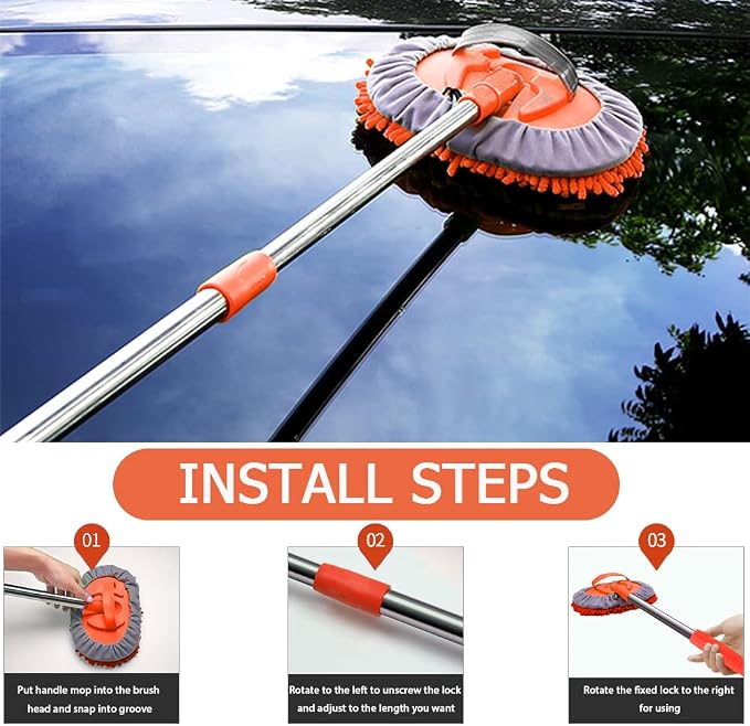 WillingHeart 47.5" Car Wash Brush Mop Cleaning Tool with Long Handle Kit for Washing Detailing Cars Truck, SUV, RV, Trailer, Boat 2 in 1 Chenille Microfiber Sponge Duster Not Hurt Paint Scratch Free