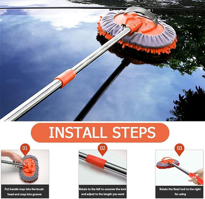 WillingHeart 47.5" Car Wash Brush Mop Cleaning Tool with Long Handle Kit for Washing Detailing Cars Truck, SUV, RV, Trailer, Boat 2 in 1 Chenille Microfiber Sponge Duster Not Hurt Paint Scratch Free