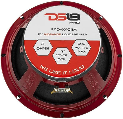 DS18 PRO-X10BM Loudspeaker - 10", Midrange, Red Aluminum Bullet, 600W Max, 300W RMS, 8 Ohms - Premium Quality Audio Door Speakers for Car or Truck Stereo Sound System (1 Speaker)