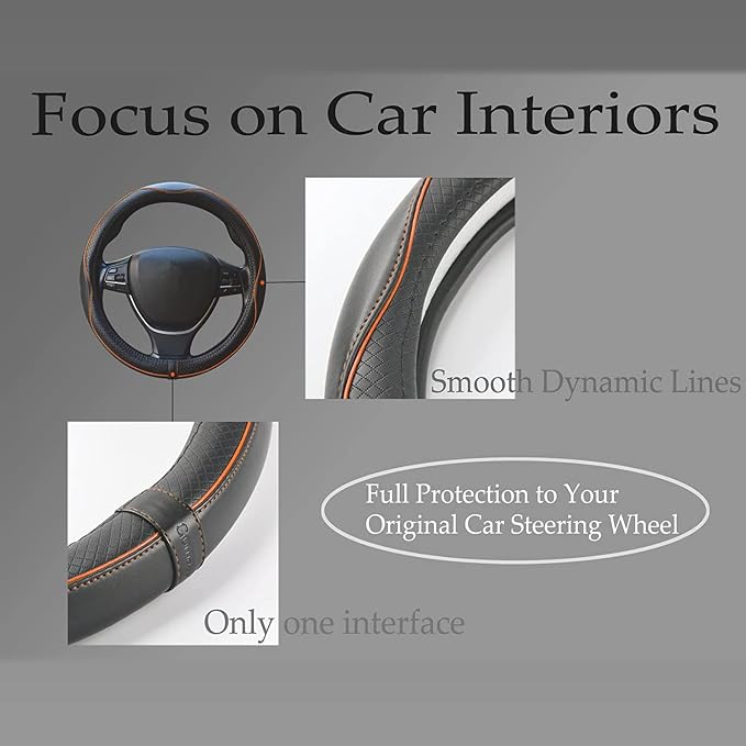 Car Steering Wheel Cover, Anti-Slip, Safety, Soft, Breathable, Heavy Duty, Thick, Full Surround, Sports Style (Black with Light Orange Line)