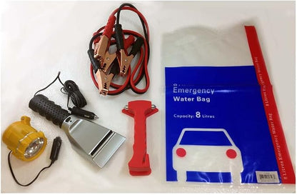 ToolUSA Deluxe Car Safety & Emergency Kit | 12 V Emergency Light | Foldable 8L Water Bag | 4" x 4" Heater Scraper | 7' Booster Cable | 7.25" (18.4 cm) Emergency Hammer