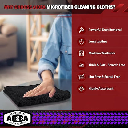 AIDEA Microfiber Cleaning Cloth Black, 600PK, Microfiber Towels for Cars, Shop Towels Cleaning Rags, Premium Wash Cloths, Absorbent Towel for SUVs, House, Kitchen, Commercial, Cleaning Supplies 12×12"