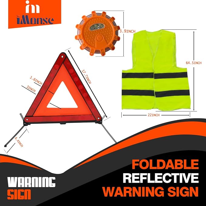 Warning Safety Triangle Kit, Emergency Roadside Warning Reflective Triangle 2 Packs with 1 LED Road Flare Light, Foldable with Storage Case for Roadside Breakdowns Emergencies