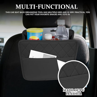 Car Seat Back Organizer, Leather Backseat Hanging Storage Bag, Multipurpose Car Hanging Trash Bag with 2 Compartments, Car Large Capacity Pouch Pocket for Kids & Adults (Black)