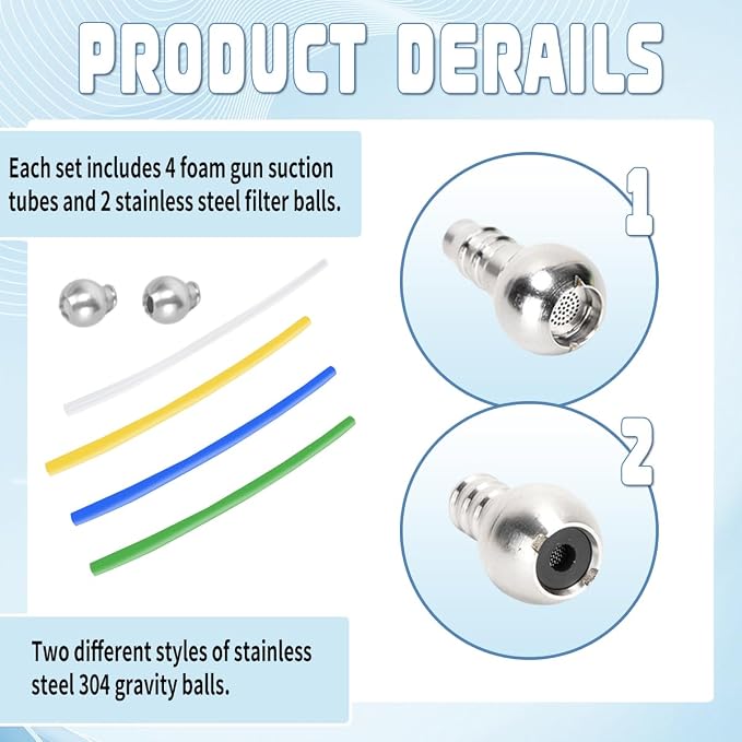 4 Pcs Cuttable Foam Suction Tube Foam Cannon Straw and 2 Pcs Stainless Steel Filter Balls for Most Foam Guns, High Pressure Car Wash Machines,Adaptation Tools