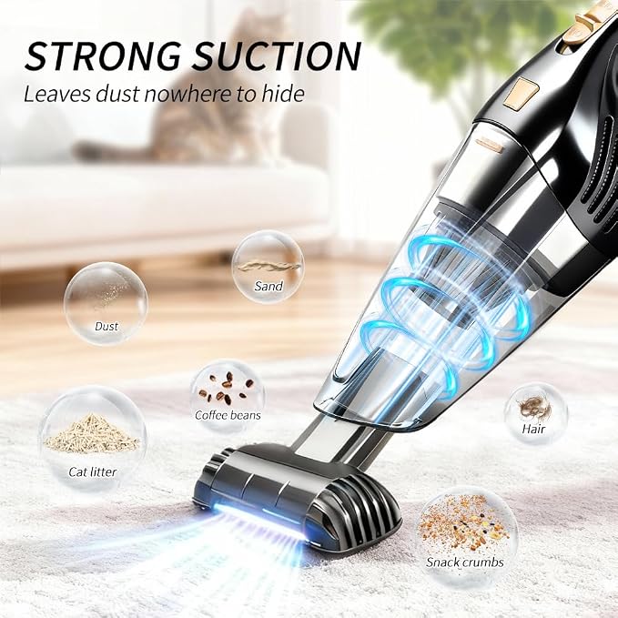 Car Vacuum Portable Cordless12000PA Strong Suction, Lightweight & Rechargeable Includes Multi-Nozzle Attachments for Car, Home, Office, and Pet Hair Compact (Black, Rechargeable)