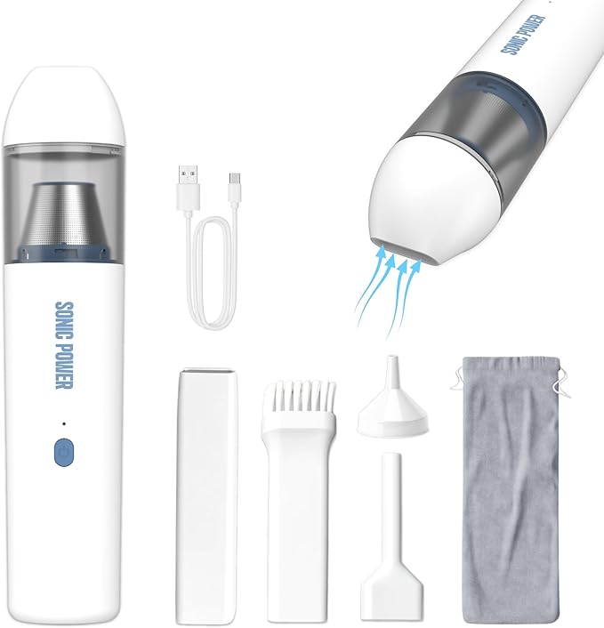 SonicPower Portable Cordless Car Vacuum, 15000Pa High Suction Handheld Vacuum Cleaner, 2-in-1 Vacuum & Blower, with 4 Attachments & Portable Storage Bag for Car, Home, Pet & Office (White & Blue)