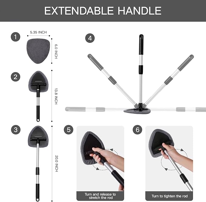Qydipclin 7pcs Windshield Cleaner Tool Car Window Cleaning Wash Kit with 4 Reusable Microfiber Pads 1 Spray Bottle and Extendable Handle Auto Glass Wiper Kit, Gray