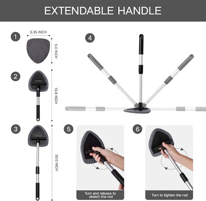 Qydipclin 10pcs Windshield Cleaner Tool, Car Window Cleaning Wash Kit with 4 Reusable Microfiber Pads 1 Spray Bottle and Extendable Handle Auto Glass Wiper Kit, Gray