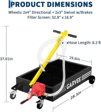 Garvee Oil Drain Pan, 15 Gallon Waste Oil Drain Pan for Oil Change, Steel,8-8.2 ft Hose& Folding Handle&Rolling Cart, Heavy Duty for Trucks,Manual,Black