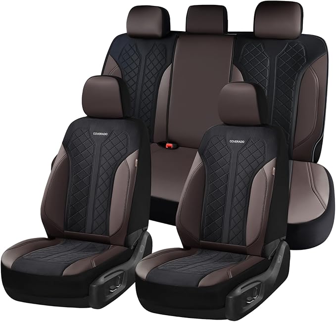 Coverado Seat Covers for Car 5 Seats, Leather Car Seat Covers Fullset, Breathable Mesh Front and Rear Protectors, Coffee Luxury Automotive Covers, Universal Fit for SUV, Truck, Sedan