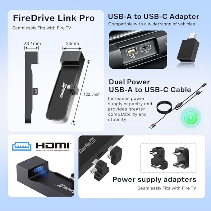 Carlinkit FireDrive Link Pro HDMI Car TV Converter for Fire TV Stick Streaming, Wireless Apple CarPlay & Android Auto Adapter, Compatible with Wired CarPlay Cars, 3 in 1 Dongle, Plug & Play