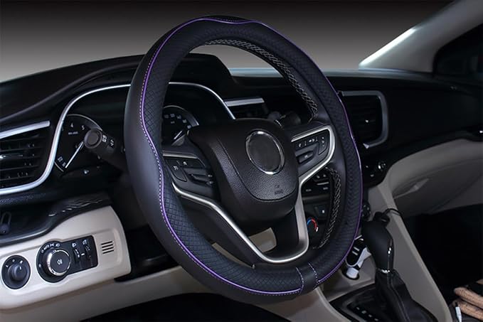 Mayco Bell Small Size Steering Wheel Cover Anti-Slip,Safety,Soft,Breathable,Durable,Full Surround,Comfortable Grip Microfiber Leather (14-14.25 inch, Black Purple)