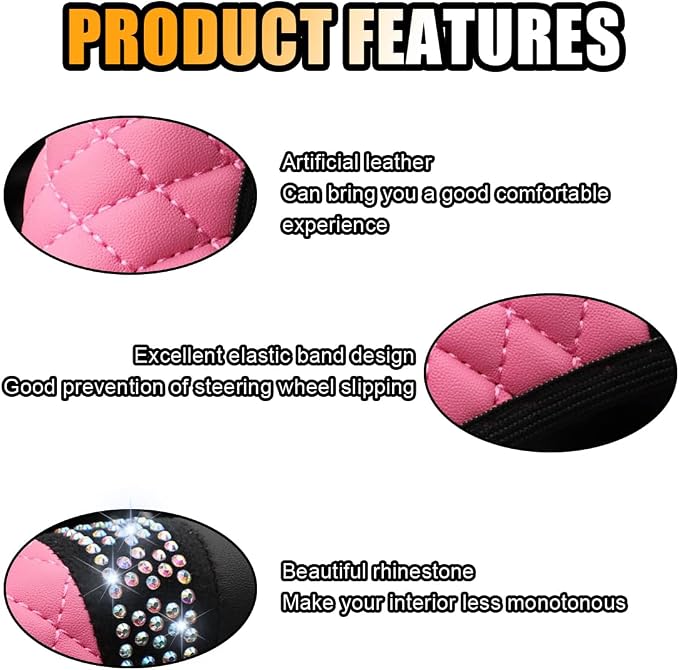 Bling Soft Leather Steering Wheel Cover, 15 Inch Colorful Rhinestones Auto Elastic Protector with Crystal Diamond for Women Girls, Car Accessories for Most Cars, SUVs (Pink)