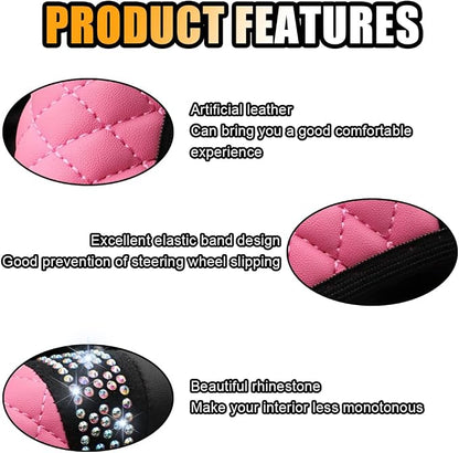 Bling Soft Leather Steering Wheel Cover, 15 Inch Colorful Rhinestones Auto Elastic Protector with Crystal Diamond for Women Girls, Car Accessories for Most Cars, SUVs (Pink)