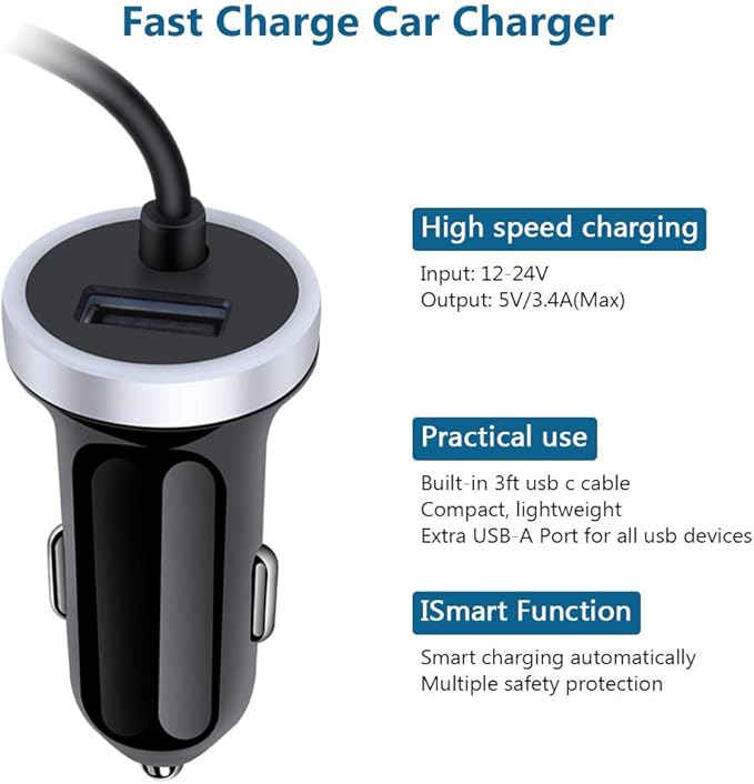 USB C Car Charger, 3.4A Fast Charging Car Adapter+3ft Type C Cable for Samsung Galaxy S26 S25 S24 S23 S22 S21 S20 S10 Note 20 A10E A20 A50 A51 A71,LG Stylo 6/5 G7 V60 ThinQ Moto G8 Google Pixel 4 3a
