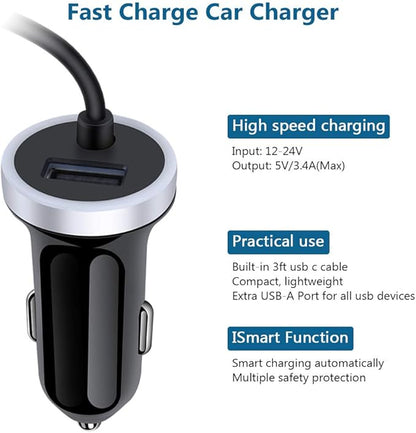 USB C Car Charger, 3.4A Fast Charging Car Adapter+3ft Type C Cable for Samsung Galaxy S26 S25 S24 S23 S22 S21 S20 S10 Note 20 A10E A20 A50 A51 A71,LG Stylo 6/5 G7 V60 ThinQ Moto G8 Google Pixel 4 3a