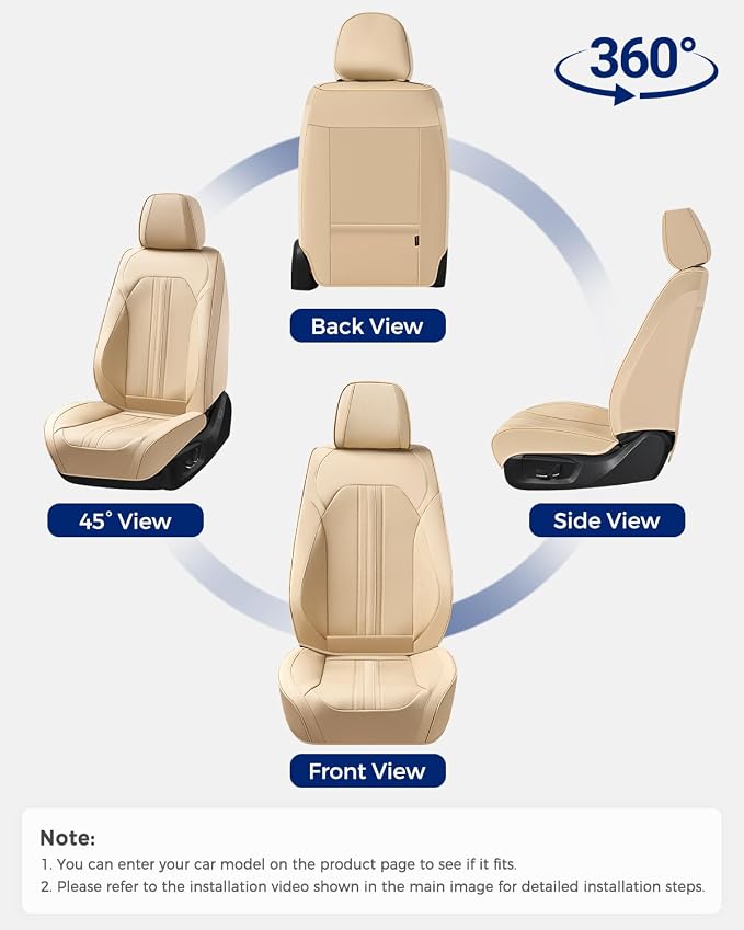 Huidasource Beige Front Seat Cover, Luxury Faux Leather Front Car Seat Cover, Compatible with Airbags, Seatbelt Buckles, Perforation Cooling＆Heating, Universal Fit for Most Cars Vans Trucks SUVs Beige
