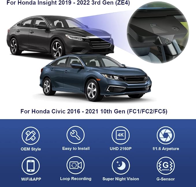 Fitcamx 4K Dash Cam Suitable for Honda Civic 2016-2021 & Insight 2019-2022 (with 8 Vents, HD2-0323), OEM Factory Look, UHD 2160P Video, Built-in WiFi & APP, Loop Recording, Gravity Sensor, 64GB Card