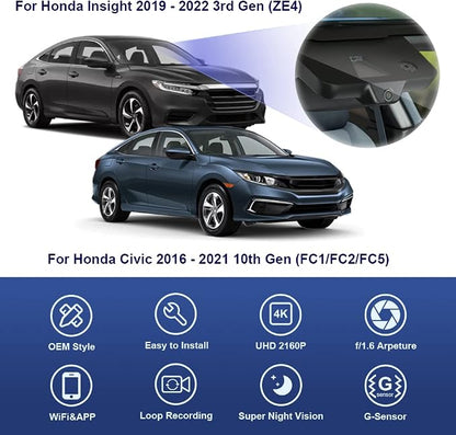 Fitcamx 4K Dash Cam Suitable for Honda Civic 2016-2021 & Insight 2019-2022 (with 8 Vents, HD2-0323), OEM Factory Look, UHD 2160P Video, Built-in WiFi & APP, Loop Recording, Gravity Sensor, 64GB Card