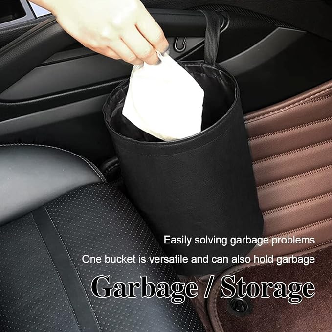 Collapsible PU Leather Car Trash Can, Waterproof Pop-Up Car Garbage Bin, Portable Multipurpose Auto Trash Container for Car Interior Accessories (Black)