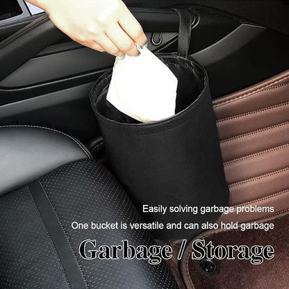Collapsible PU Leather Car Trash Can, Waterproof Pop-Up Car Garbage Bin, Portable Multipurpose Auto Trash Container for Car Interior Accessories (Black)
