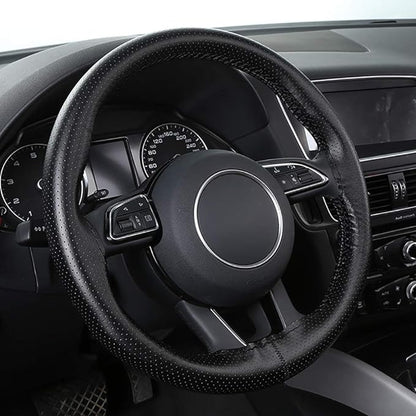 BMLEI Top Genuine Leather Steering Wheel Cover with Anti-Slip Design, Soft Padding, Universal 15 Inch Auto Car Steering Wheel Stitch on Wrap
