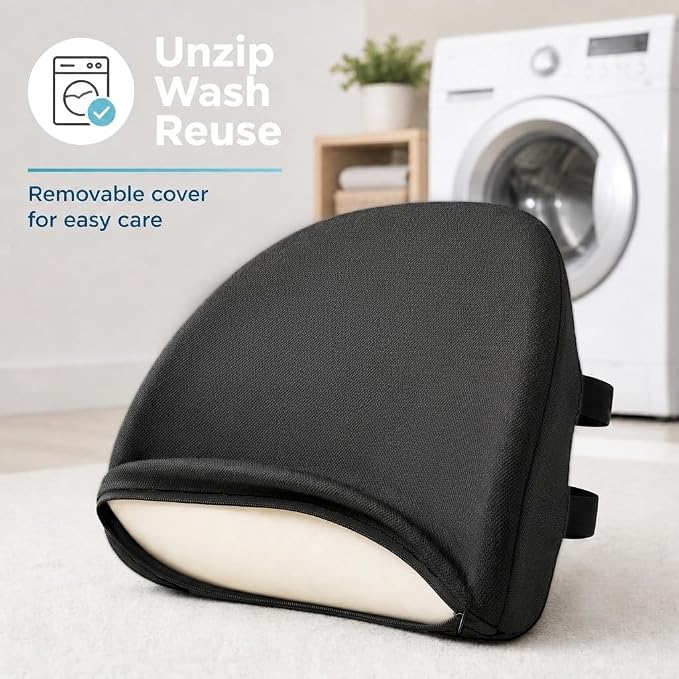 Lumbar Support Pillow for Office Chair & Car Seat, All-Season Memory Foam for Lower Back Pain Relief, Non-Slip Back Cushion with Dual Straps for Desk Workers & Drivers, Black