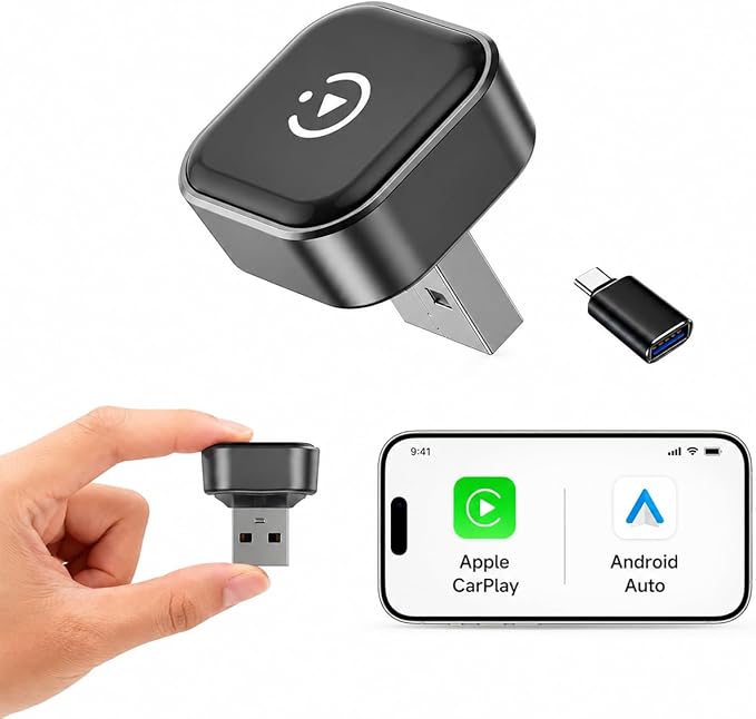 Mini Wireless CarPlay & Android Auto Adapter, Low-Profile USB-A 2-in-1 Wireless Adapter for Factory Wired CarPlay/Android Auto Cars, Plug-in Once Auto Reconnect, 5GHz WiFi, USB-C Adapter Included