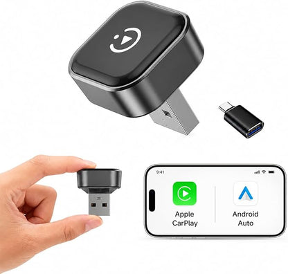 Mini Wireless CarPlay & Android Auto Adapter, Low-Profile USB-A 2-in-1 Wireless Adapter for Factory Wired CarPlay/Android Auto Cars, Plug-in Once Auto Reconnect, 5GHz WiFi, USB-C Adapter Included
