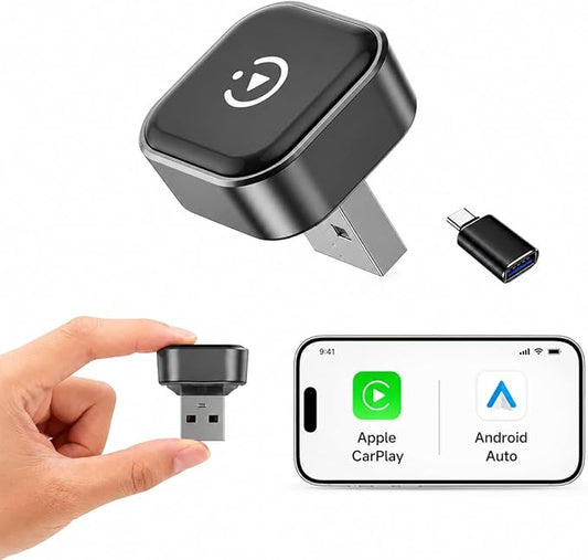 Mini Wireless CarPlay & Android Auto Adapter, Low-Profile USB-A 2-in-1 Wireless Adapter for Factory Wired CarPlay/Android Auto Cars, Plug-in Once Auto Reconnect, 5GHz WiFi, USB-C Adapter Included