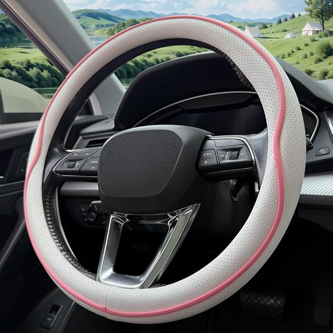 HAOTULE Leather Steering Wheel Cover， with Anti-Slip Stripe Design - Enhanced Grip, Fashion Style, Safe, Non-Slip, Breathable. Upgrade car Interior，White Pink