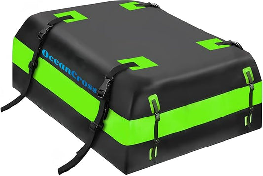 OceanCross Car Rooftop Cargo Carrier Bag, Green Rooftop top Cargo Carrier Bag 15 Cubic feet Waterproof for All Cars with/Without Rack, Includes Anti-Slip Mat, 8 Reinforcement Straps, Luggage Lock