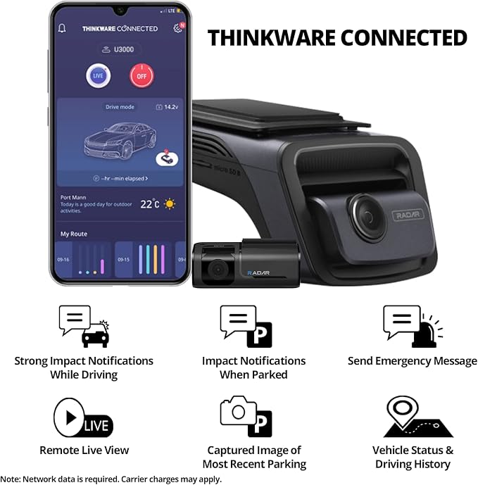 THINKWARE U3000 4K Dash Cam Front and Rear 2CH STARVIS 2 Sensor Super Night Vision Dashcam for Car Camera 5GHZ WiFi GPS Radar Buffered Parking Mode CPL Filter Red Light Speed Camera Alerts OBD Cable