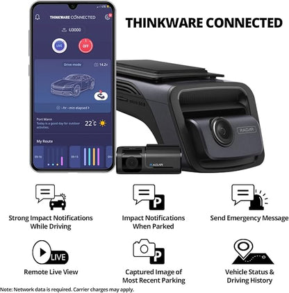 THINKWARE U3000 4K Dash Cam Front and Rear 2CH STARVIS 2 Sensor Super Night Vision Dashcam for Car Camera 5GHZ WiFi GPS Radar Buffered Parking Mode CPL Filter Red Light Speed Camera Alerts OBD Cable