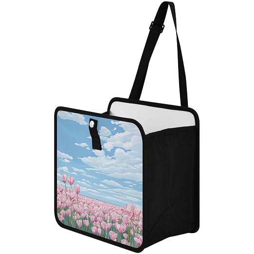 Car Trash Can Organizer Bin with Adjustable Strap for Back Front Seat Console Waterproof Leakproof Collapsible Portable 11 Inch Pink Tulip Field and Blue Sky