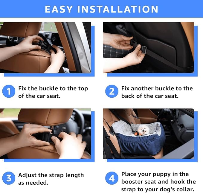 Oiilores Dog Car Seat for Small Dogs, Washable Pet Booster Seats for Car with Clip-On Safety Leash, Reversible Puppy Carseat with Storage Pockets, Travel Carrier Bed for Dogs Under 25 lbs, Blue