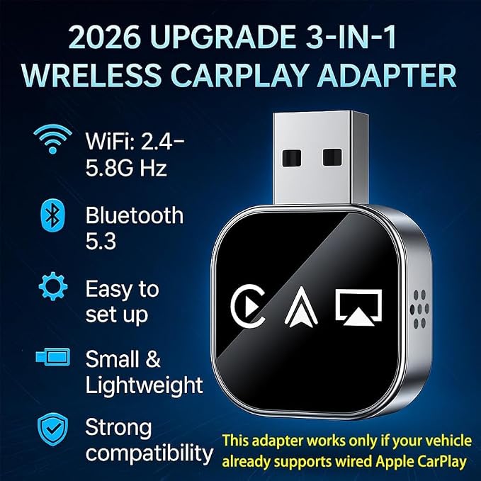 Wireless Carplay & Android Auto Adapter, Plug and Play, Compatible with Multiple Car Models (Silver)