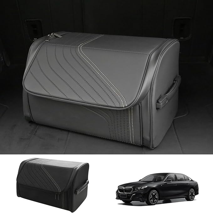 TOPABYTE Car Trunk Organizer with Lid and Sturdy Handle Foldable Durable Premium Leather Storage Box Cargo for BMW SUV Sedan Truck, Black, Small