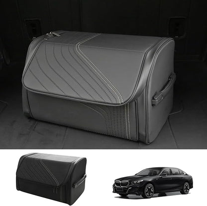 TOPABYTE Car Trunk Organizer with Lid and Sturdy Handle Foldable Durable Premium Leather Storage Box Cargo for BMW SUV Sedan Truck, Black, Small
