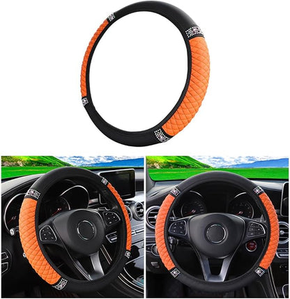 Osilly Bling Car Steering Wheel Cover, 15 Inch Rhinestones Soft Leather Elastic Steering Wheel Protector, Sparkly Crystal Diamond for Women Girls (Orange)
