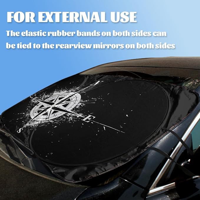 Black White Compass Car Windshield Sunshades, 59" L x 31.5" W, Universal Fit, UV Protection, Cooling Effect, Easy To Install, Perfect For SUV, Truck, Sedan