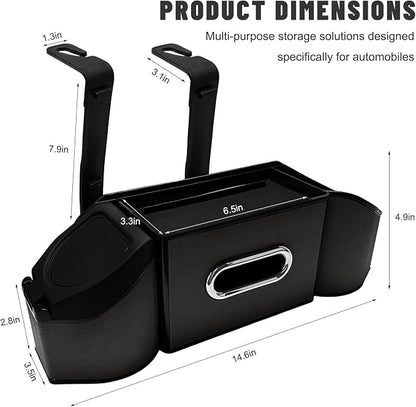 Car Backseat Organizer, 7-In-1 Multifunctional Car Headrest Storage Box with Hook Phone Holder & Cup Holder, Vehicle Hanging Seat Back Organizer for Hold Phone Snacks Drinks (Black)