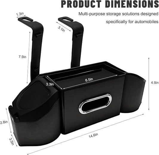 Car Backseat Organizer, 7-In-1 Multifunctional Car Headrest Storage Box with Hook Phone Holder & Cup Holder, Vehicle Hanging Seat Back Organizer for Hold Phone Snacks Drinks (Black)