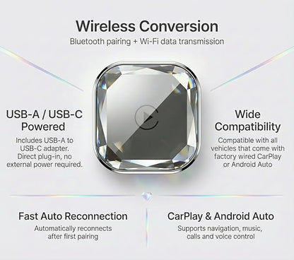 2-in-1 Wireless CarPlay Adapter & Wireless Android Auto Adapter, 5.8GHz Mini Dongle, Converts Factory Wired to Wireless, USB-A/USB-C, Auto Reconnect for Cars 2016+